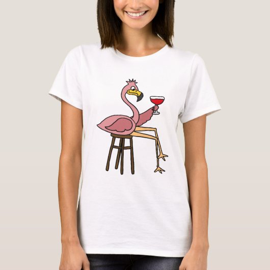 Funny Pink Flamingo Drink rode wijn T-shirt (Voorkant)