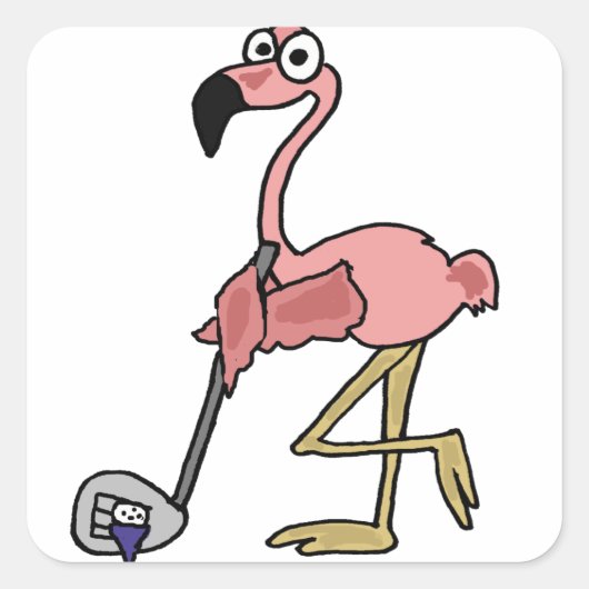 Funny Pink Flamingo Golfing Art Vierkante Sticker (Voorkant)