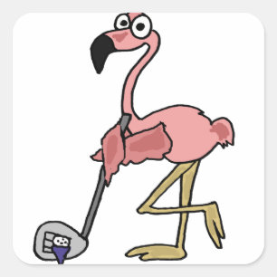 Funny Pink Flamingo Golfing Art Vierkante Sticker