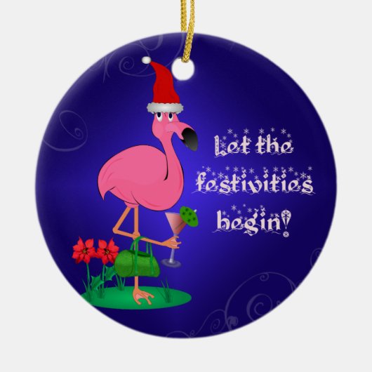 Funny Pink Flamingo kerstversiering Keramisch Ornament (Voorkant)