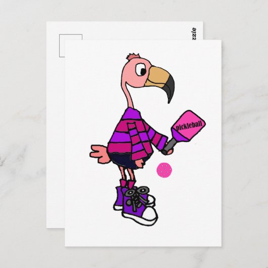 Funny Pink Flamingo Plays Pickleball Cartoon Briefkaart (Voorkant / Achterkant)