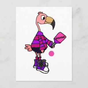 Funny Pink Flamingo Plays Pickleball Cartoon Briefkaart