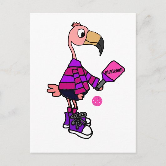 Funny Pink Flamingo Plays Pickleball Cartoon Briefkaart (Voorkant)