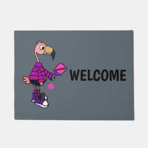 Funny Pink Flamingo Plays Pickleball Cartoon Deurmat