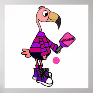 Funny Pink Flamingo Plays Pickleball Cartoon Poster