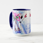 Funny Pink Flamingo Skier - Cartoon schilderende v Mok (Voorkant links)