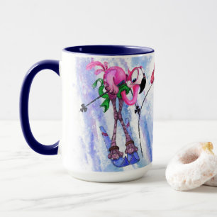 Funny Pink Flamingo Skier - Cartoon schilderende v Mok