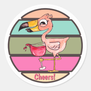 Funny Pink Flamingo with Wine Glass Cheers Sticker