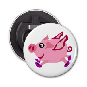 Funny Pink Flying Pig Cartoon Button Flesopener