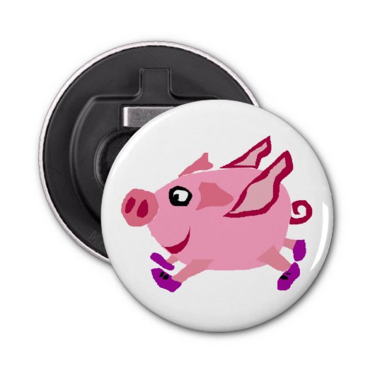 Funny Pink Flying Pig Cartoon Button Flesopener (Voorkant)