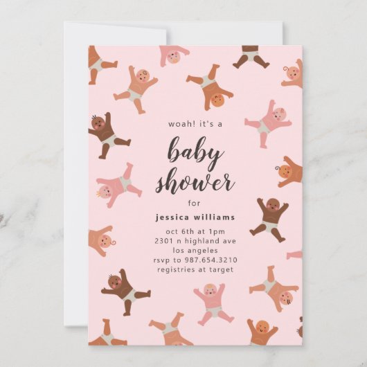 Funny Pink Girl Shower of Babies Invitation Kaart (Voorkant)