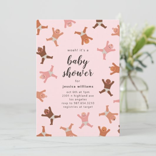Funny Pink Girl Shower of Babies Invitation Kaart (Staand voorkant)
