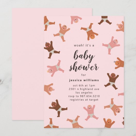 Funny Pink Girl Shower of Babies Invitation Kaart (Voorkant / Achterkant)
