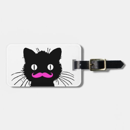 FUNNY PINK MUSTACHE BLACK CAT BAGAGELABEL (Voorkant horizontaal)