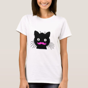 FUNNY PINK MUSTACHE BLACK CAT T-SHIRT