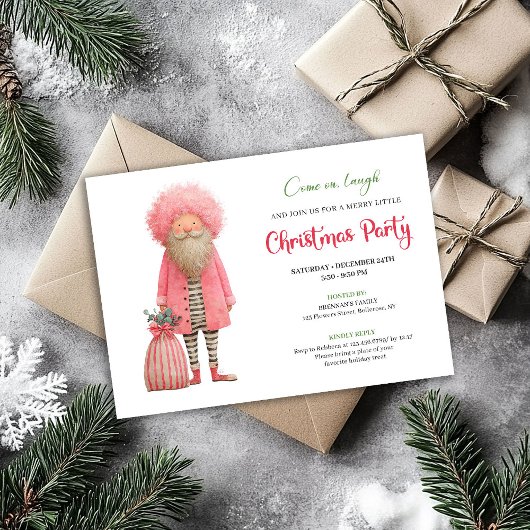 Funny pink santa Christmas party invitation card Kaart