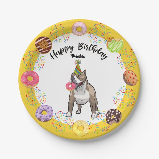 Funny Pitbull Dog Donuts Birthday Party Papieren Bordje (Voorkant)