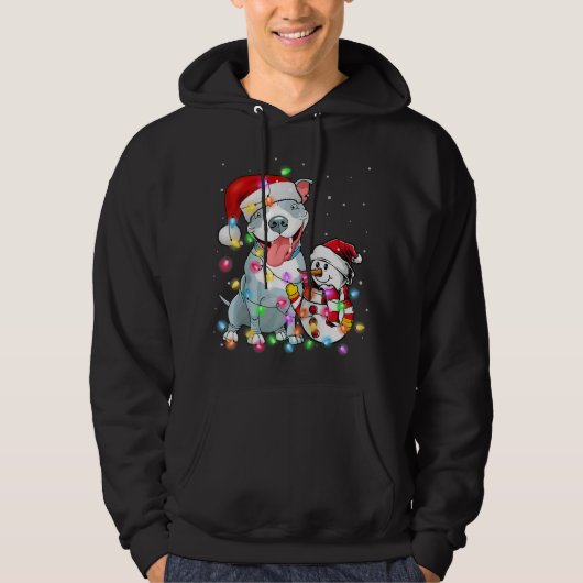 Funny Pitbull Dog Kerstmis Snowman Xmas Lights Pa Hoodie (Voorkant)