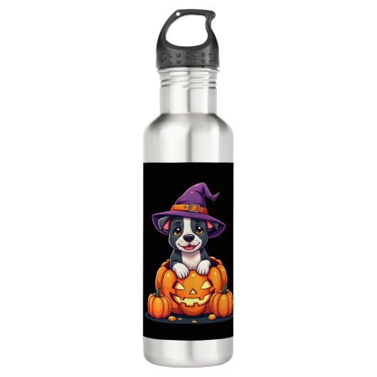 Funny Pitbull Witch Pumpkin Dog Halloween Mens Wom Waterfles (Voorkant)