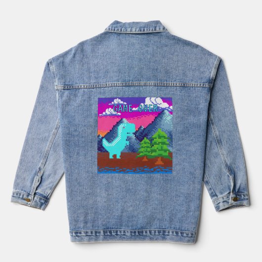Funny Pixel Gamer Pixelated- Dinosaur Illustration Denim Jacket (Achterkant)