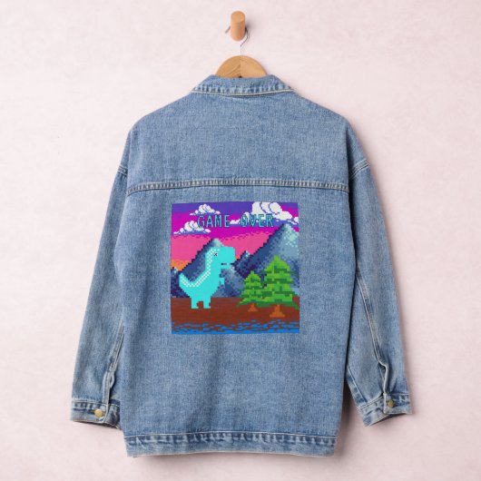 Funny Pixel Gamer Pixelated- Dinosaur Illustration Denim Jacket (Hangar)