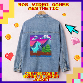 Funny Pixel Gamer Pixelated- Dinosaur Illustration Denim Jacket