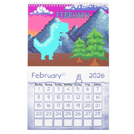 Funny Pixel Gamer Pixelated- Dinosaur Illustration Kalender (Feb 2026)