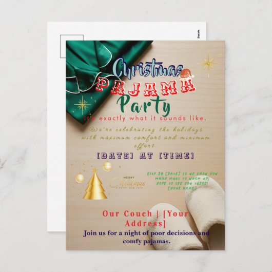 Funny Plaid Cozy Christmas Pajama Party Invitation Feestdagenkaart (Voorkant / Achterkant)
