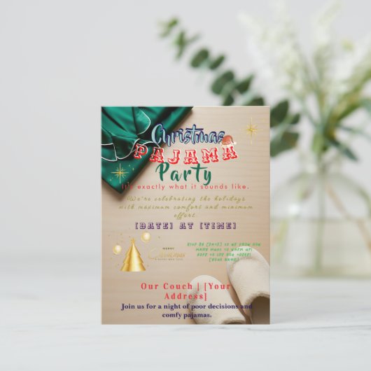 Funny Plaid Cozy Christmas Pajama Party Invitation Feestdagenkaart (Staand voorkant)
