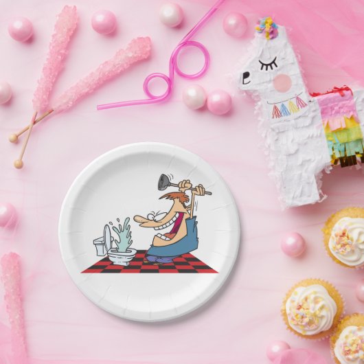 Funny Plumber Unblocking een toilet Papieren Bordje (Feest)