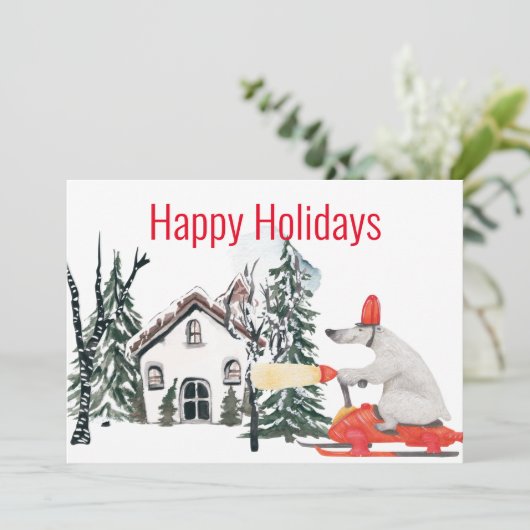 Funny Polar Beer over Snowmobile Feestdagenkaart (Staand voorkant)