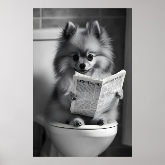 Funny Pomeranian Bathroom Print, Newspaper Reading Poster (Voorkant)