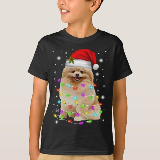 Funny Pomeranian Dog Santa Hat Kerstlights Lo T-shirt (Voorkant)