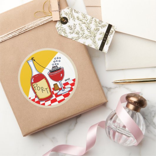 Funny Port Wine Lover Cartoon Ronde Sticker (Geschenken)