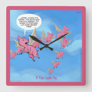 Funny Portland Vegan Flying Pig Wall Clock Vierkante Klok