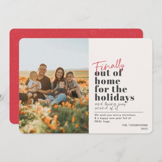 Funny Post Covid, eindelijk uit Home Red Photo Feestdagenkaart (Voorkant / Achterkant)