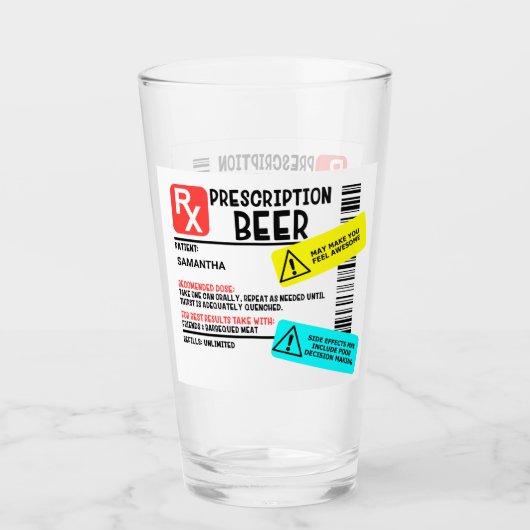 Funny Prescription Beer Warning Label Persoonlijk Glas (Voorkant)