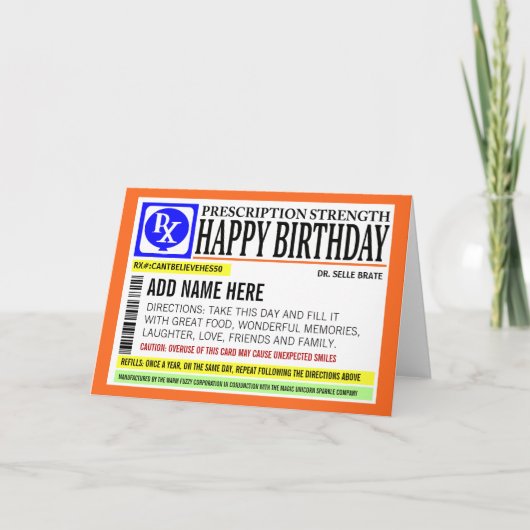 Funny Prescription Label Happy Birthday Greeting Kaart (Voorkant)