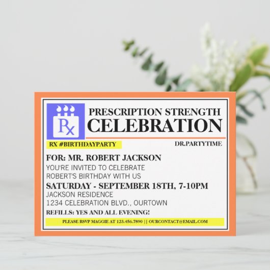 Funny Prescription Label Party-uitnodigingen Kaart (Staand voorkant)