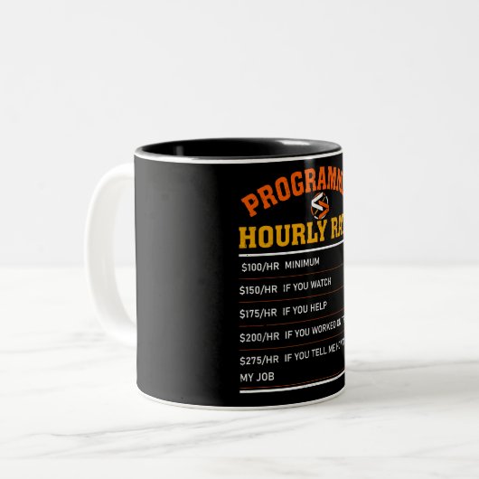 Funny Programmer Hourly Rate Tweekleurige Koffiemok (Voorkant links)