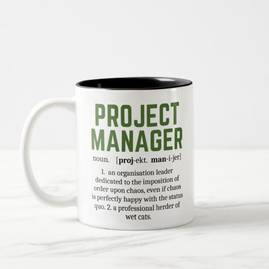 Funny Project Manager Dictionary Definition, Humor Tweekleurige Koffiemok (Links)