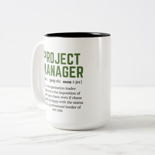 Funny Project Manager Dictionary Definition, Humor Tweekleurige Koffiemok (Voorkant links)