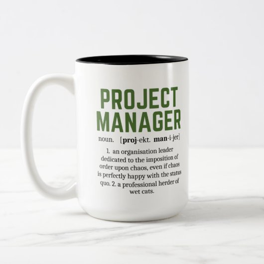 Funny Project Manager Dictionary Definition, Humor Tweekleurige Koffiemok (Links)
