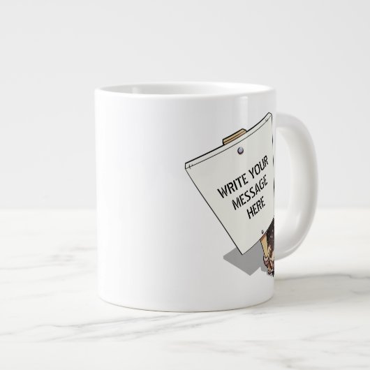 Funny Protester met Placard Cartoon Hedgel Grote Koffiekop (Voorkant rechts)