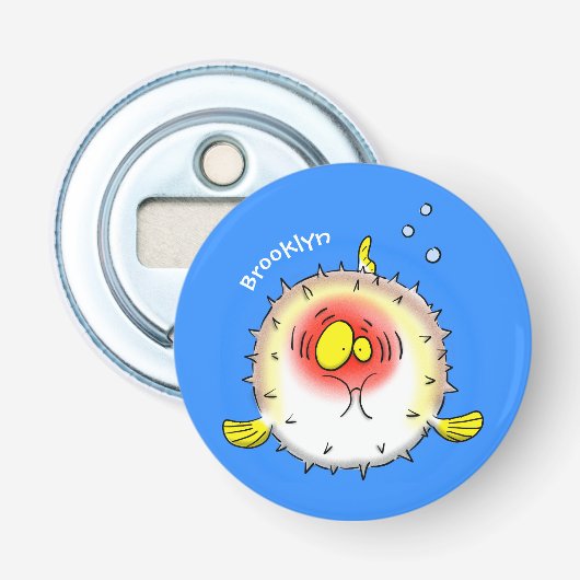 Funny puffer fish porcupine fish cartoon button flesopener (Voorkant)