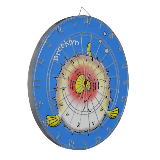 Funny puffer fish porcupine fish cartoon dartbord (Voorkant Links)