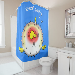 Funny puffer fish porcupine fish cartoon douchegordijn
