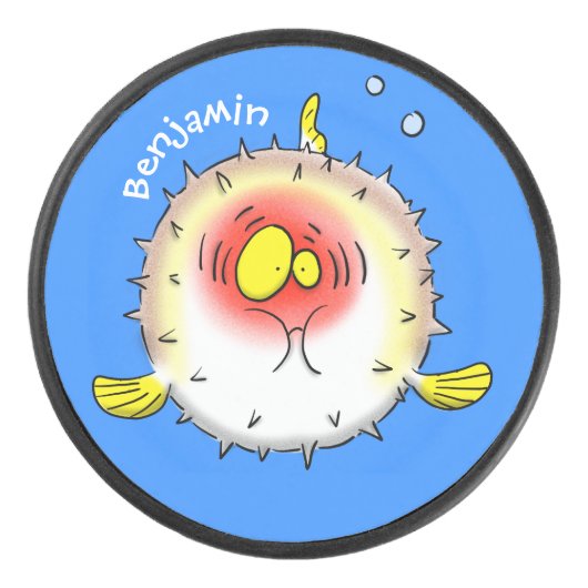 Funny puffer fish porcupine fish cartoon hockey puck (Voorkant)