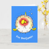Funny puffer fish porcupine fish cartoon kaart (Gele Bloem)