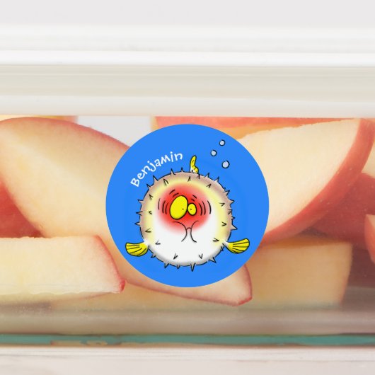 Funny puffer fish porcupine fish cartoon labels (Aangebracht)